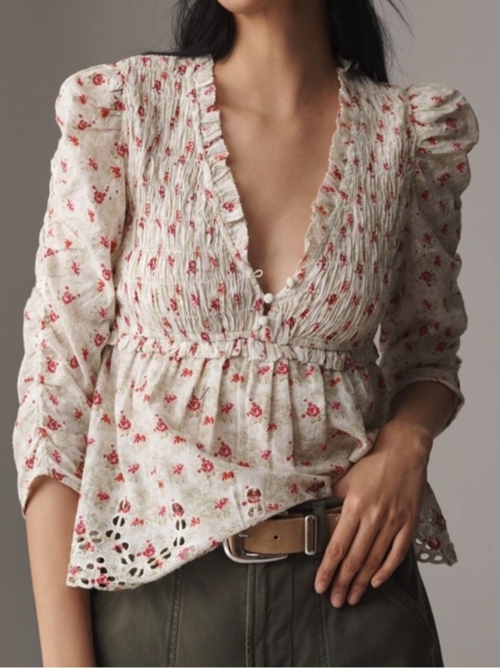 Anthropologie Ruched Sleeve Smocked Eyelet Babydoll Cotton Top L
